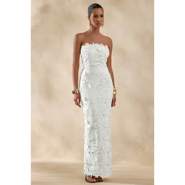 Gracie | Robe longue blanche en dentelle avec décolleté bandeau