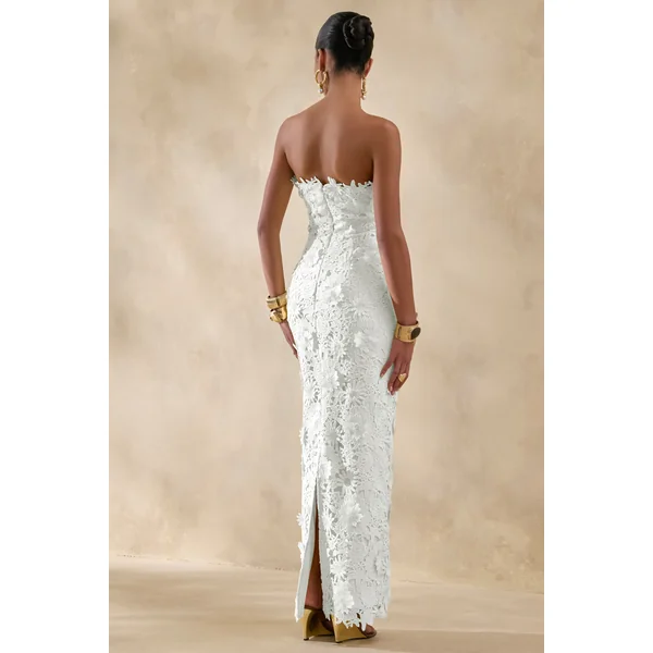 Gracie | Robe longue blanche en dentelle avec décolleté bandeau