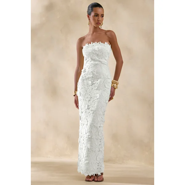 Gracie | Robe longue blanche en dentelle avec décolleté bandeau