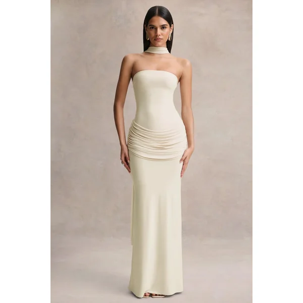 Graciella | Robe longue bandeau crème à détails drapés et écharpe