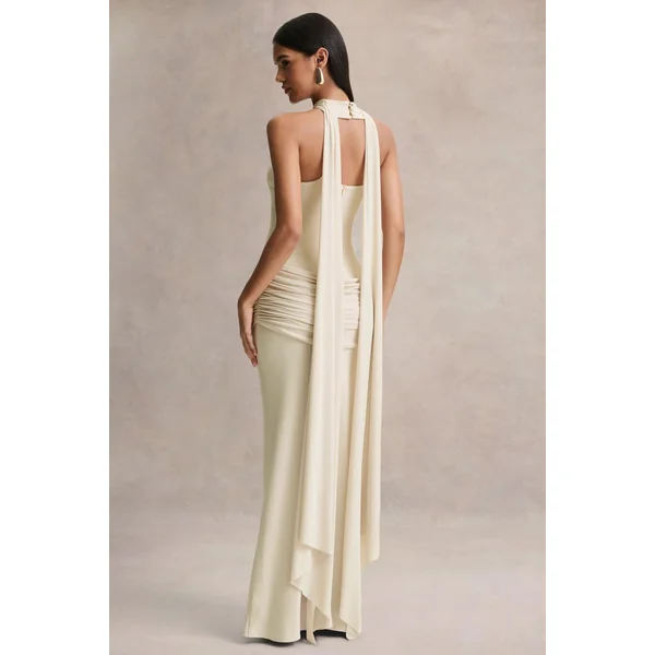 Graciella | Robe longue bandeau crème à détails drapés et écharpe