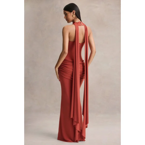 Graciella | Robe longue bandeau rouille avec drapé et foulard