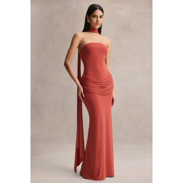 Graciella | Robe longue bandeau rouille avec drapé et foulard