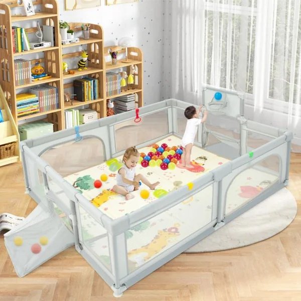Grand Parc pour Bébé avec Tapis Parc de Jeu Sécurisé avec Panier de Basket et Filets de Football Portes Zippées Ventouses Supplémentaires Gris Clair