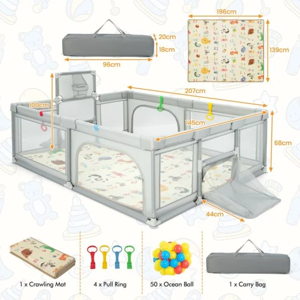 Grand Parc pour Bébé avec Tapis Parc de Jeu Sécurisé avec Panier de Basket et Filets de Football Portes Zippées Ventouses Supplémentaires Gris Clair