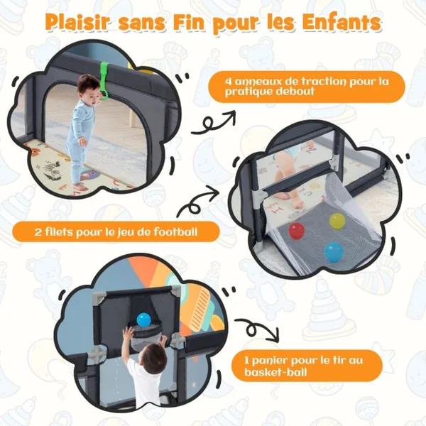 Grand Parc pour Bébé avec Tapis Parc de Jeu Sécurisé avec Panier de Basket et Filets de Football Portes Zippées Ventouses Supplémentaires Gris Foncé