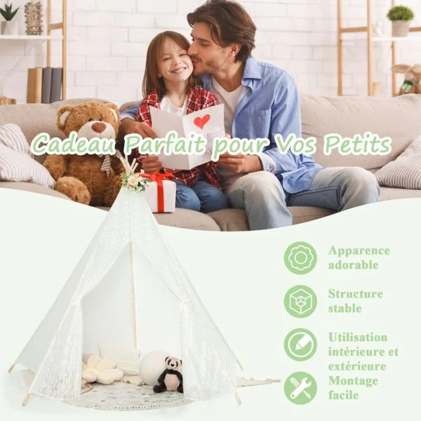 Grande Tipi Tente de Jeu Pour Enfant avec Guirlande de Lumières en Dentelle Romantique de Style Princesse