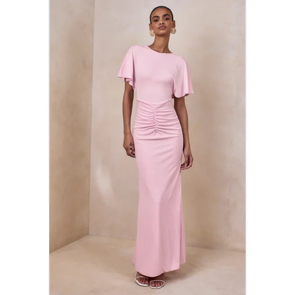 Grandeur | Robe Longue Rose Pâle Froncée à Col Montant