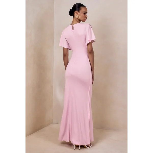 Grandeur | Robe Longue Rose Pâle Froncée à Col Montant