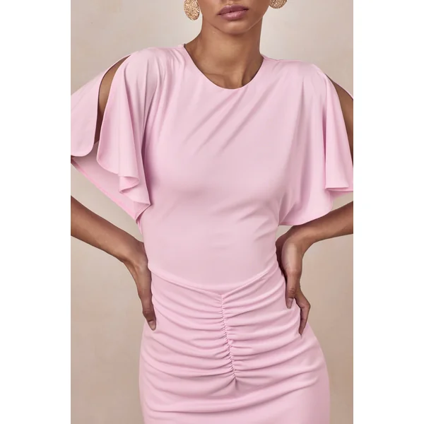 Grandeur | Robe Longue Rose Pâle Froncée à Col Montant