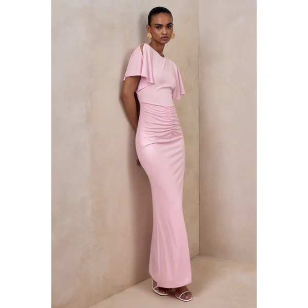 Grandeur | Robe Longue Rose Pâle Froncée à Col Montant