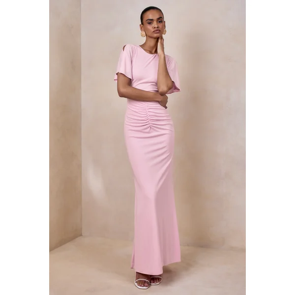 Grandeur | Robe Longue Rose Pâle Froncée à Col Montant