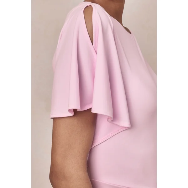 Grandeur | Robe Longue Rose Pâle Froncée à Col Montant