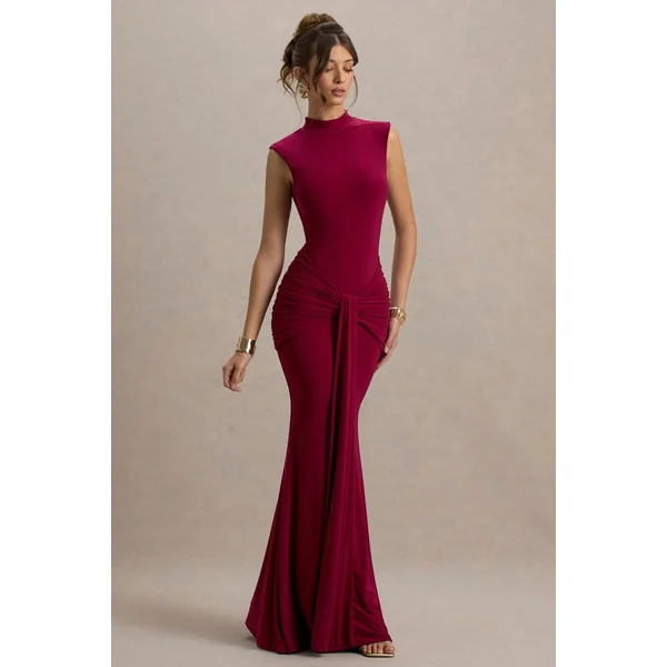 Graziana | Robe longue rouge bordeaux à col montant drapée et froncée