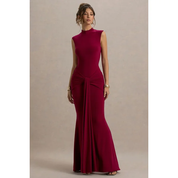 Graziana | Robe longue rouge bordeaux à col montant drapée et froncée