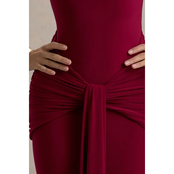 Graziana | Robe longue rouge bordeaux à col montant drapée et froncée