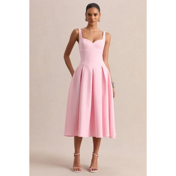 Greta | Robe mi-longue rose clair à encolure cœur