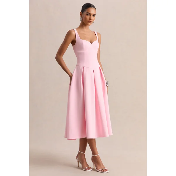 Greta | Robe mi-longue rose clair à encolure cœur