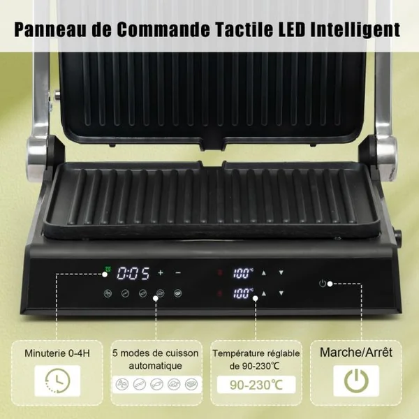 Grill Multifonction Electrique 1800-2000W Tactile Intelligent Ouverture à 180° Minuterie 4H 5 Modes Automatiques Double Plaques