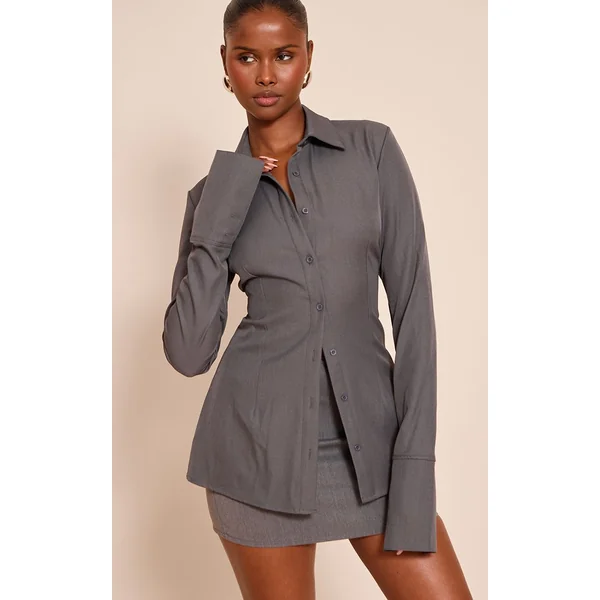 Gris Anthracite Chemise Cintrée Tissée À Fines Rayures