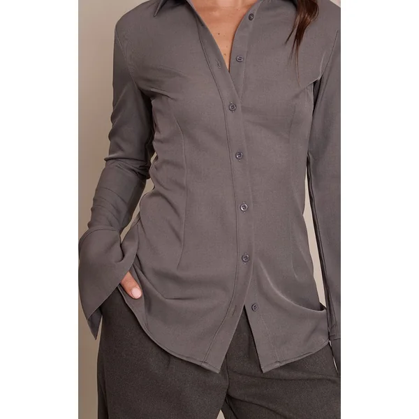 Gris Anthracite Chemise Cintrée Tissée À Fines Rayures