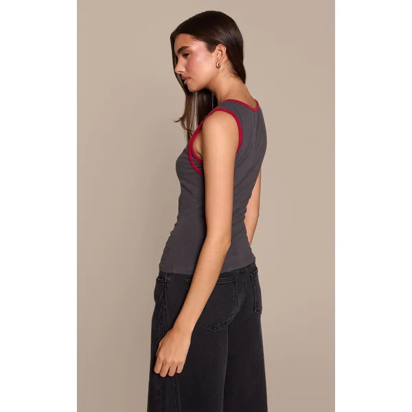 Gris Anthracite Débardeur Extensible Doux À Détails Contrastés