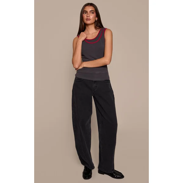 Gris Anthracite Débardeur Extensible Doux À Détails Contrastés