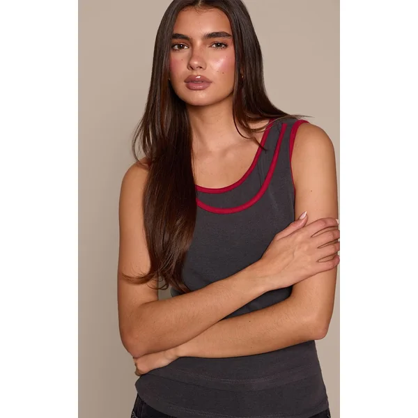 Gris Anthracite Débardeur Extensible Doux À Détails Contrastés