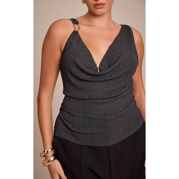 Gris Anthracite Haut En Maille Col Bénitier Avec Détails Contrastés Grande Taille