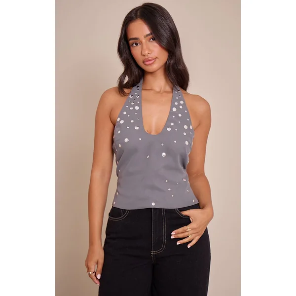Gris Anthracite Haut Petite À Col Licou Avec Détails Cloutés