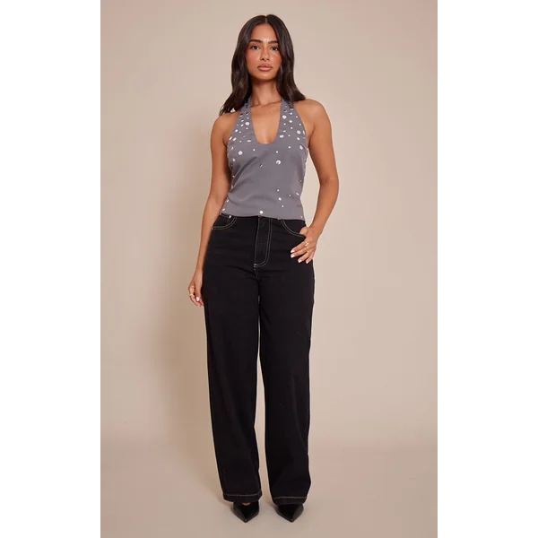 Gris Anthracite Haut Petite À Col Licou Avec Détails Cloutés