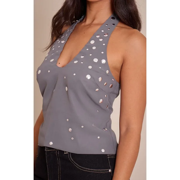 Gris Anthracite Haut Petite À Col Licou Avec Détails Cloutés