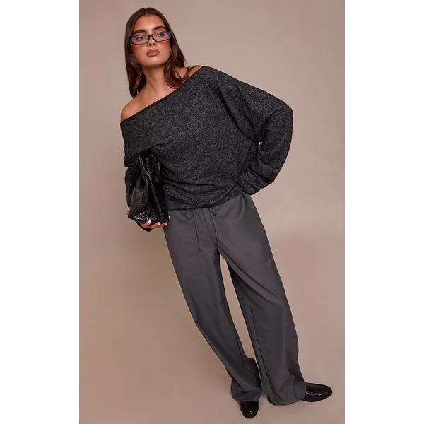 Gris Anthracite Haut À Manches Longues En Maille Douce Asymétrique Oversize Décontracté
