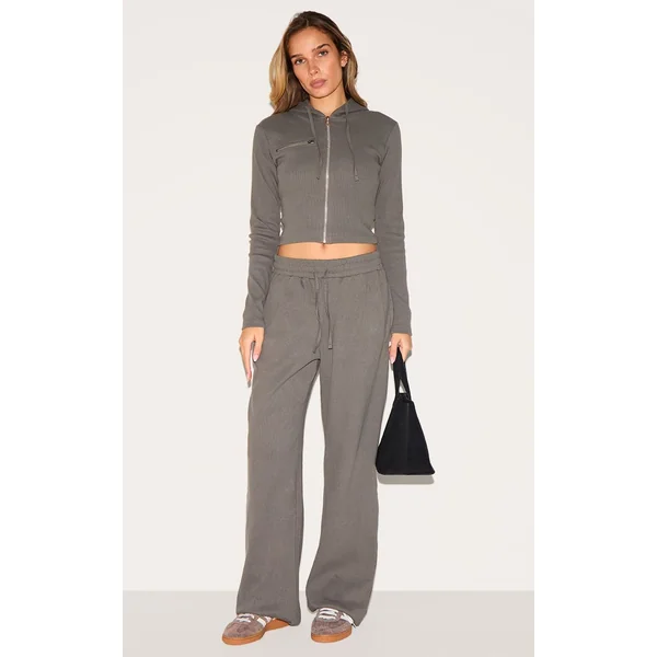 Gris Anthracite Pantalon Large Côtelé Taille Basse