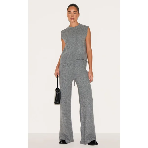 Gris Anthracite Pantalon Large En Maille Douce Chiné