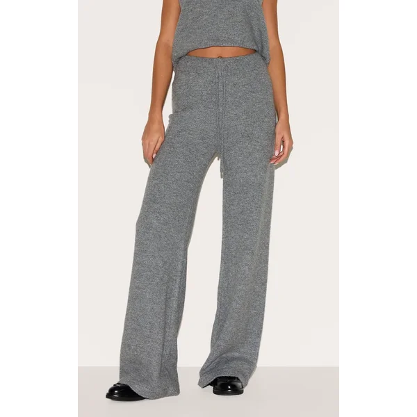 Gris Anthracite Pantalon Large En Maille Douce Chiné