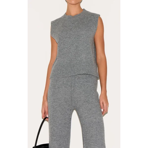 Gris Anthracite Pantalon Large En Maille Douce Chiné