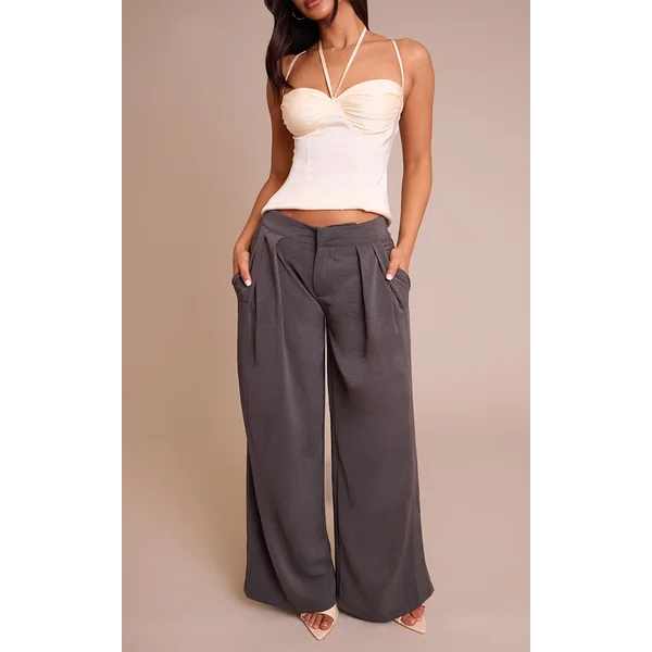 Gris Anthracite Pantalon Large À Double Pli En Tissu Fluide Petite