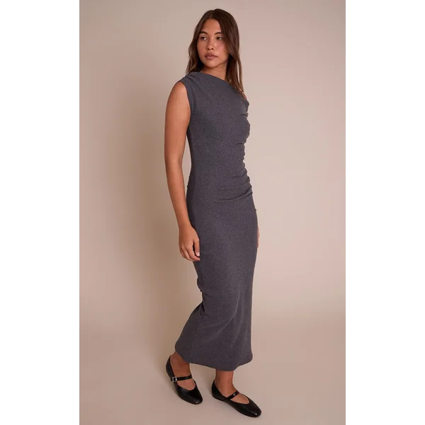 Gris Anthracite Robe Longue Côtelée Brossée À Détails Froncés Asymétriques