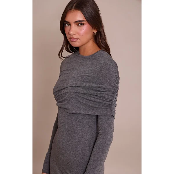 Gris Anthracite Robe Moulante À Manches Longues En Jersey Avec Détail Superposé