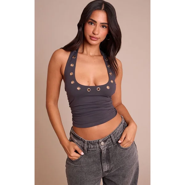 Gris Anthracite Top Long Petite Col Halter Avec Détails Œillets