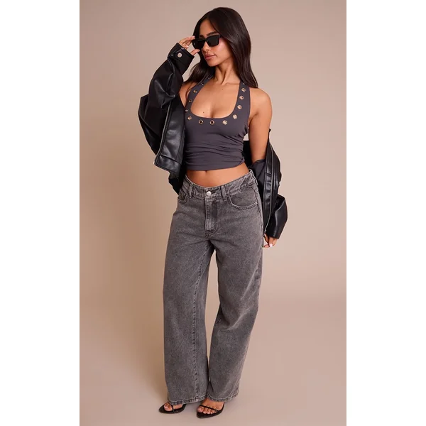 Gris Anthracite Top Long Petite Col Halter Avec Détails Œillets