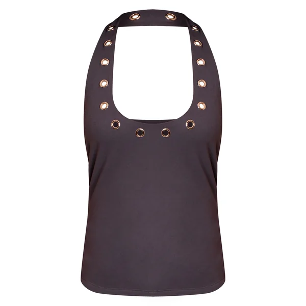 Gris Anthracite Top Long Petite Col Halter Avec Détails Œillets