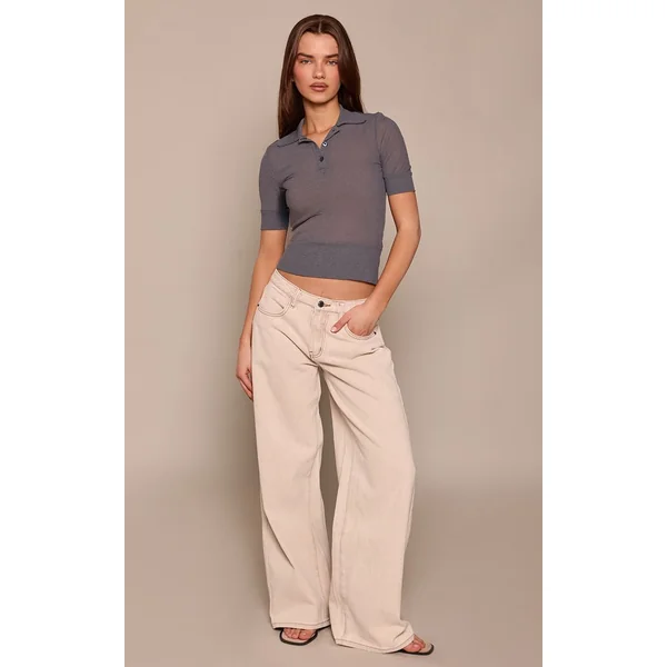 Gris Anthracite T-shirt Côtelé Dévoré Avec Détail Col En Mesh