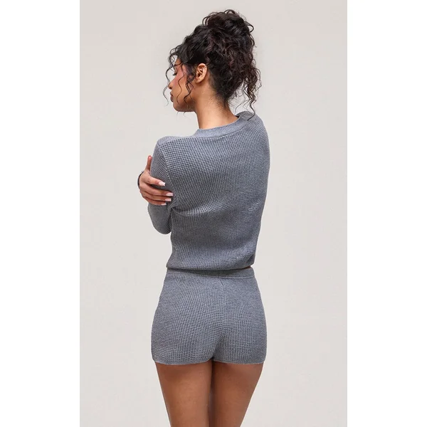 Gris Cardigan Col Rond À Boutons En Maille Gaufrée