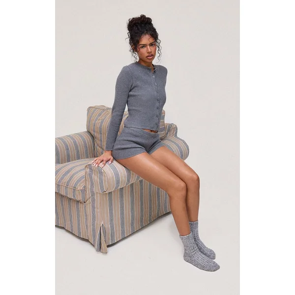 Gris Cardigan Col Rond À Boutons En Maille Gaufrée