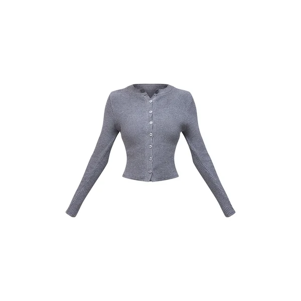 Gris Cardigan Col Rond À Boutons En Maille Gaufrée