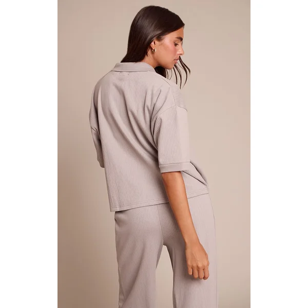 Gris Cendré Ensemble Coordonné T-shirt Côtelé Boutonné