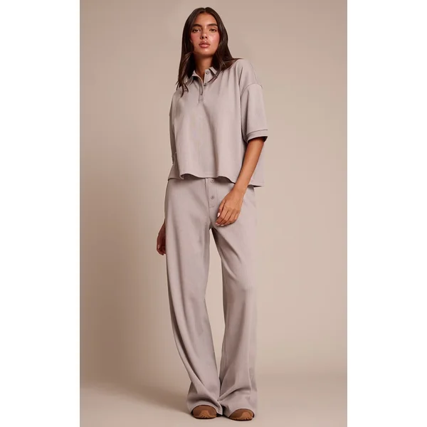 Gris Cendré Ensemble Coordonné T-shirt Côtelé Boutonné