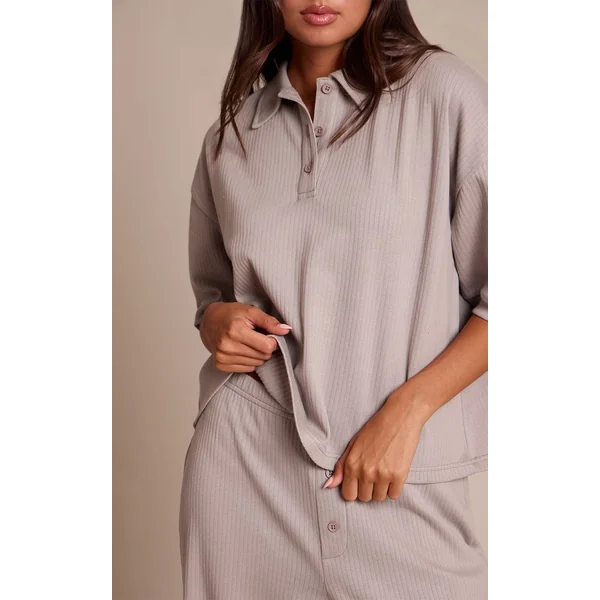 Gris Cendré Ensemble Coordonné T-shirt Côtelé Boutonné